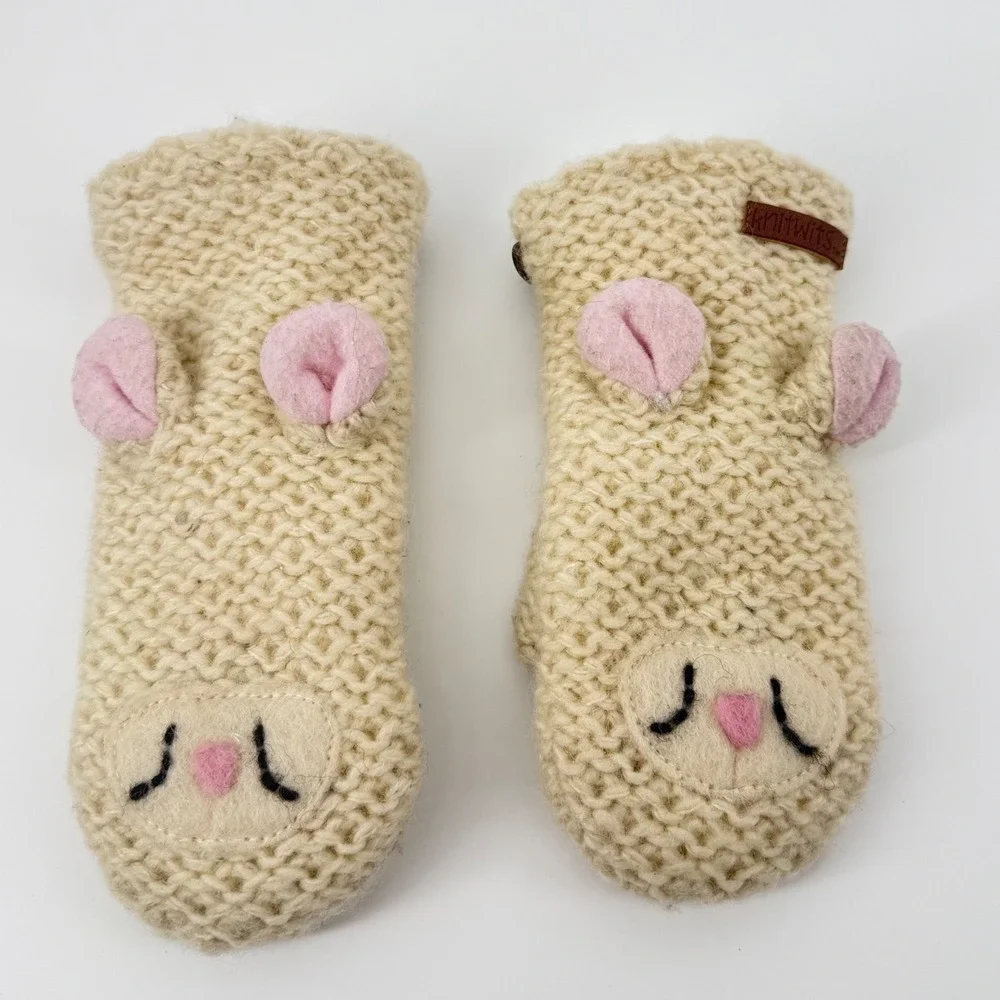 Knitwits Lamb Mittens Headband Set Wool Cream Fleece Lined Chunky Knit Boho Warm